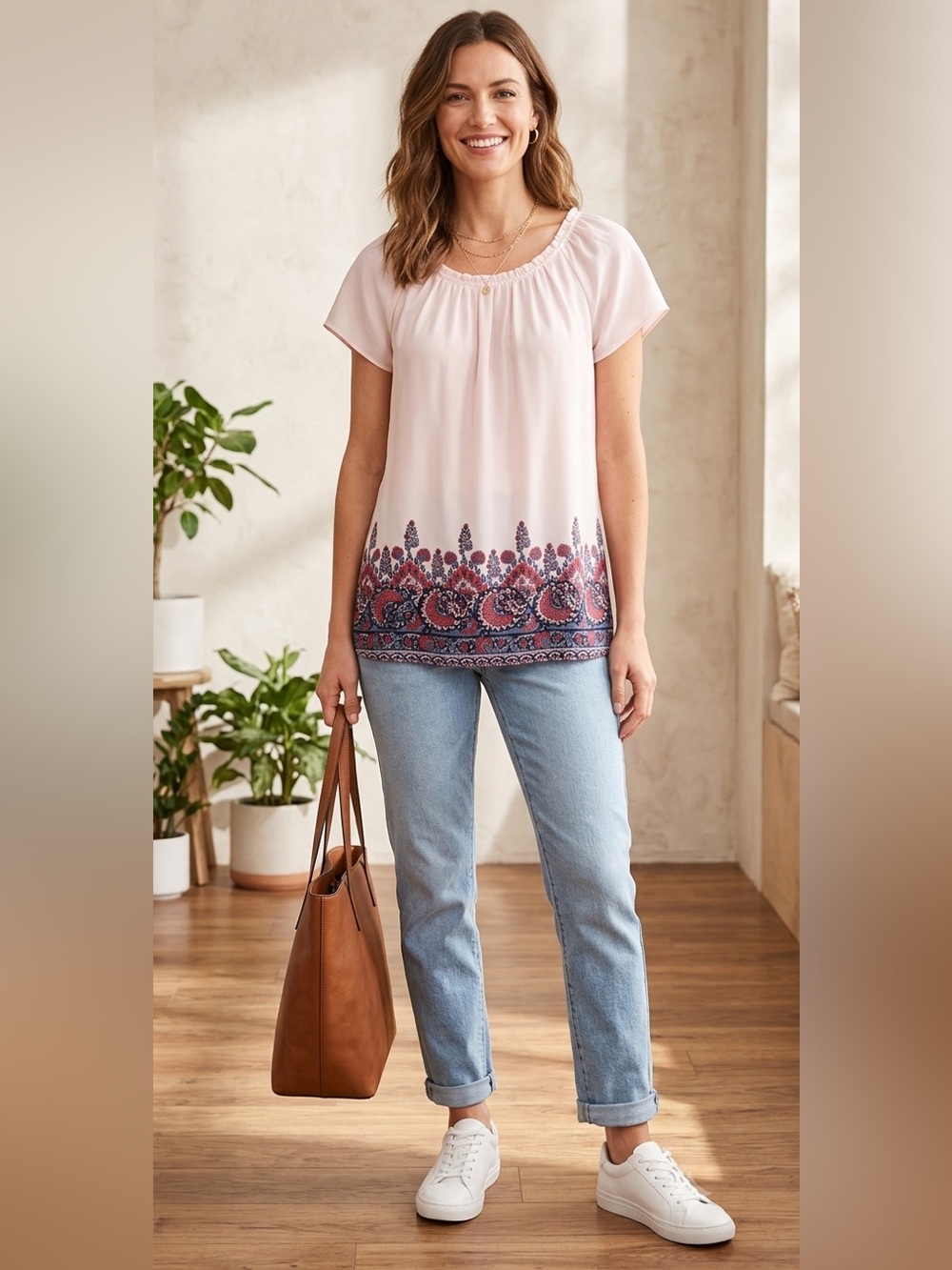 Loft Women’s Medium Pale Pink Blue Floral Top Blouse Pleated Neckline Sz M